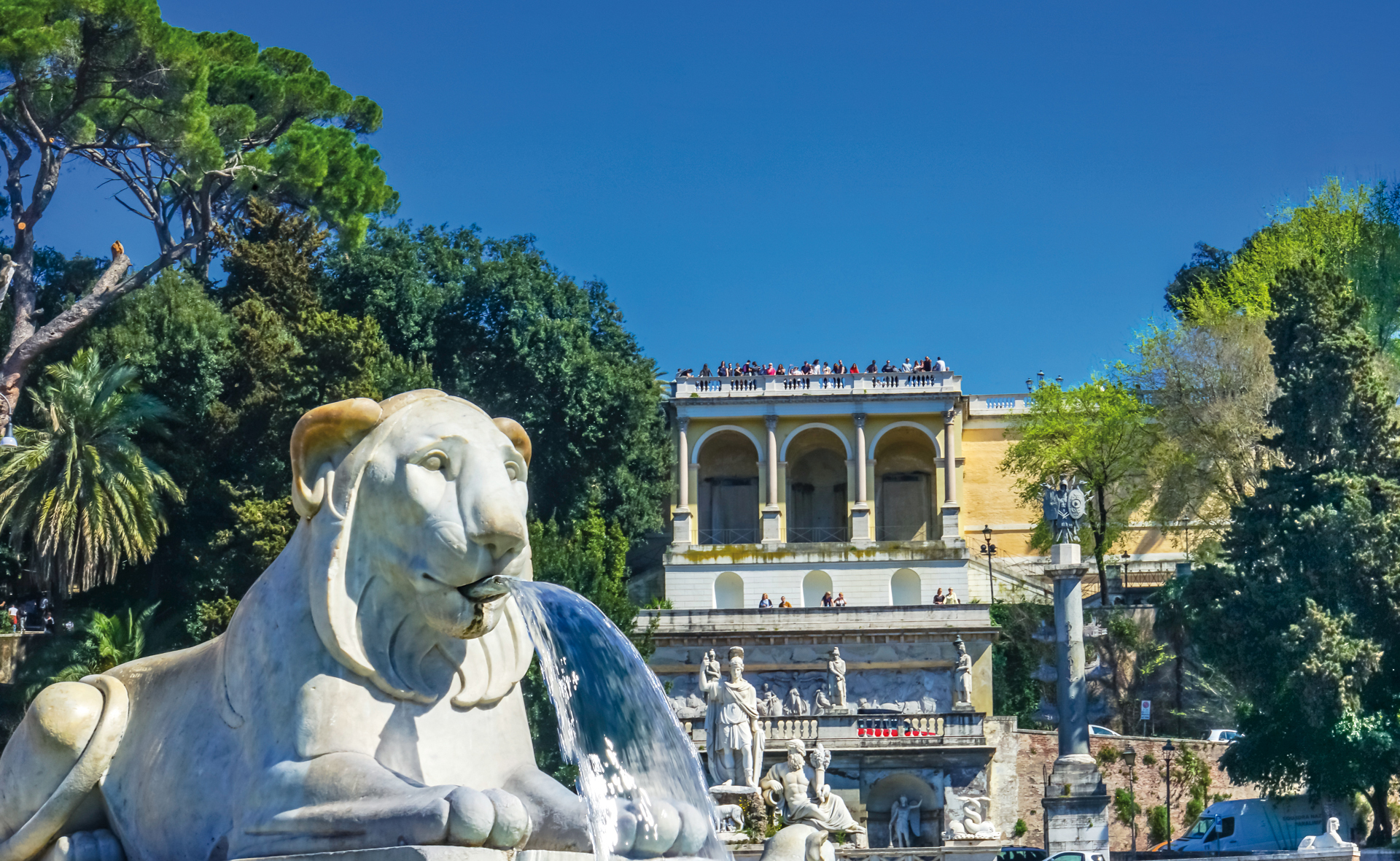Lion Statue Fountain Goddess of Rome Statues Piazza del Popolo People's Piazza Rome Italy. Fountain built early 1800s Back Pincio Hill Villa Borghese Gardens
