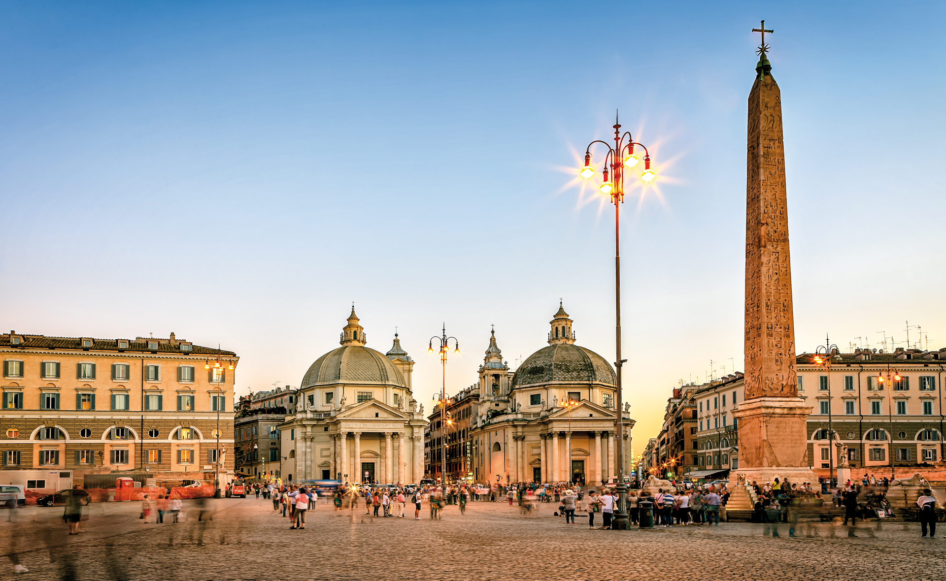 Rome piazza del Popolo with the flaminio obelsico in the foreground and the santa Maria churches in the background